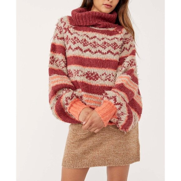 Free People Check Me Out Pullover / Holly Berry Combo Sweater Top - Picture 1 of 6